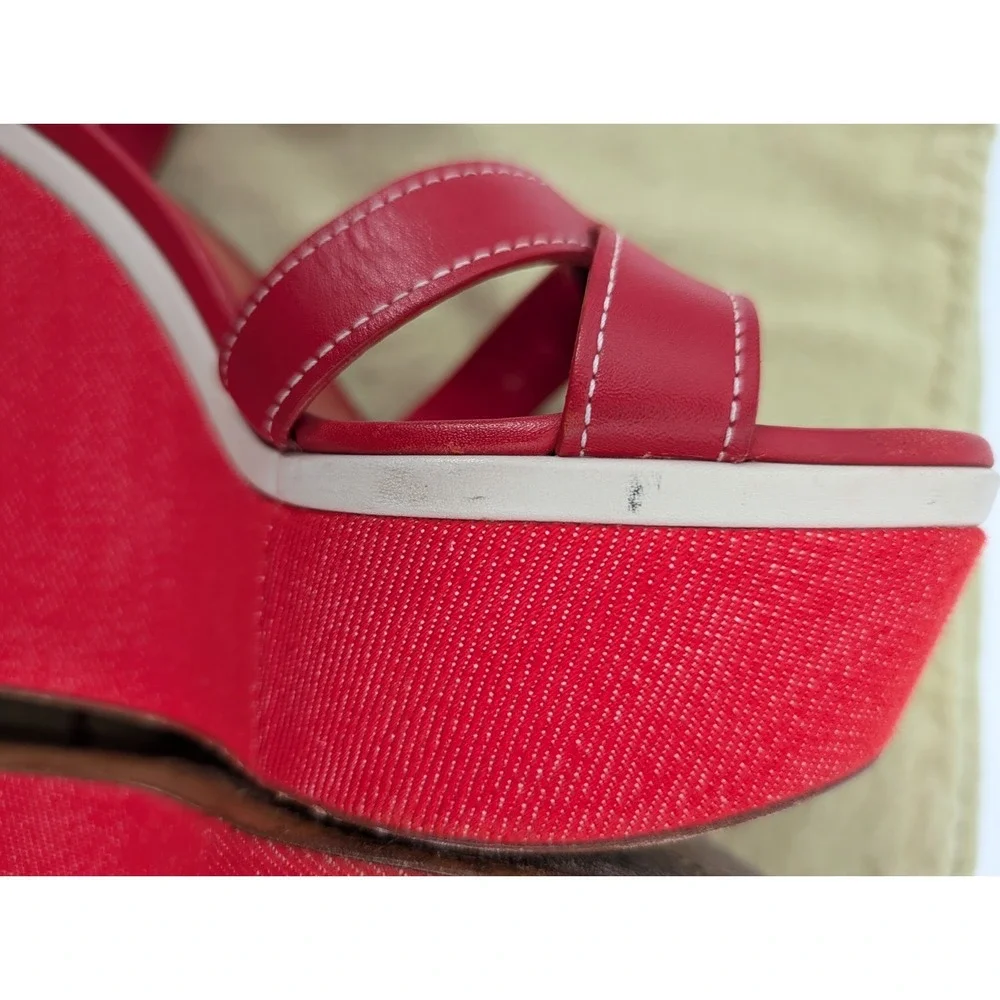 Louis Vuitton Red Waterfall Wedge Cloth & Leather Sandals Size 37.5 EU/7 US
